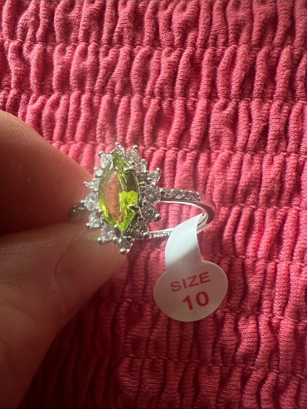 Lab created Peridot~Rhodium plating, setting- Size 10